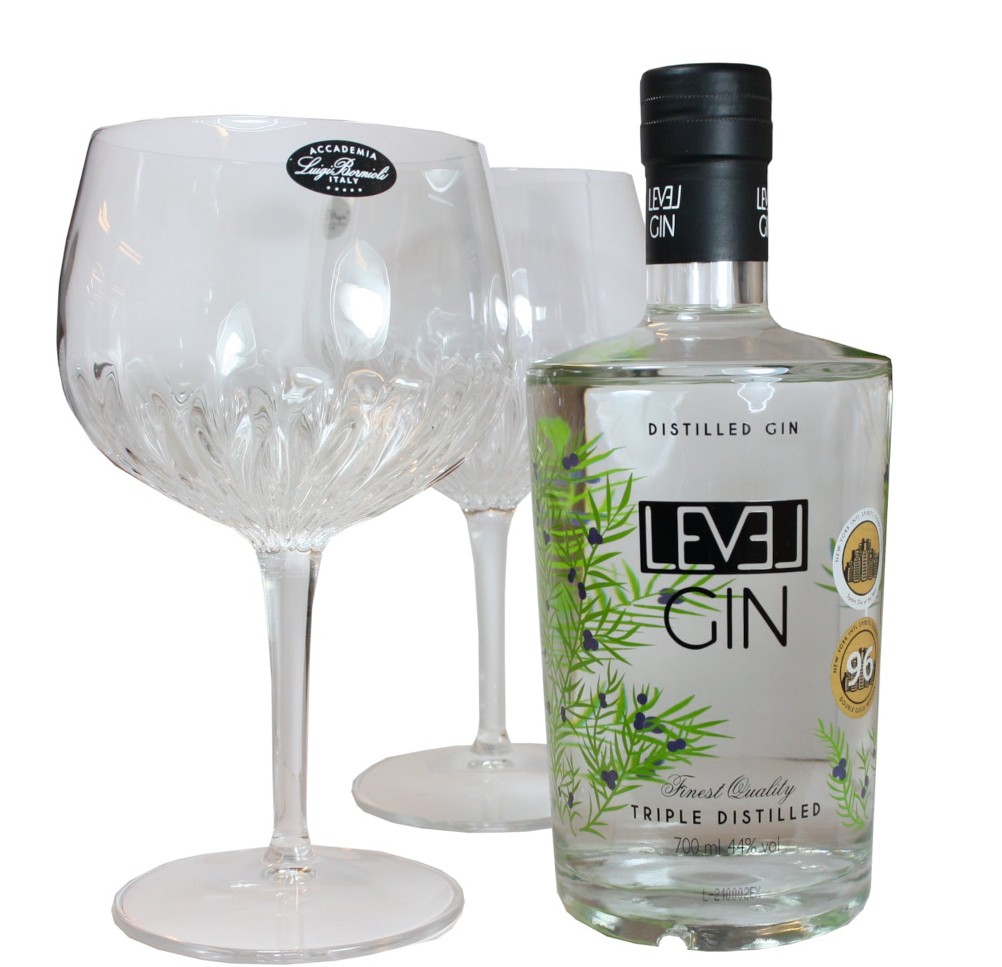 Level Gin og 2 LB Mixology spansk gin & tonic glas 80 cl.